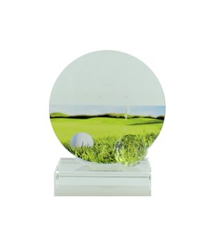4-1/4 X 3-7/8 INCH GLASS GOLF TROPHY WITH BALL AND COLOR PRINTED GOLF IMAGE