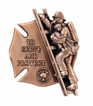 4-1/4" x 5-1/2" FIREMAN LADDER WITH CHILD AND SHIELD ANTIQUE BRASS DIE CAST PLAQUE MOUNT