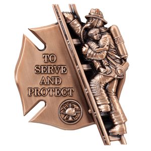 4-1/4" x 5-1/2" FIREMAN LADDER WITH CHILD AND SHIELD ANTIQUE BRASS DIE CAST PLAQUE MOUNT