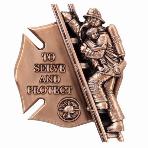 4-1/4" x 5-1/2" FIREMAN LADDER WITH CHILD AND SHIELD ANTIQUE BRASS DIE CAST PLAQUE MOUNT
