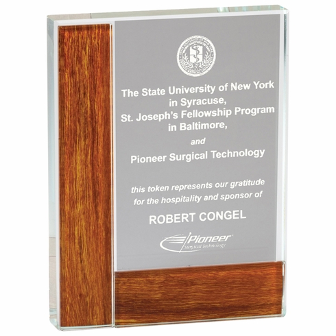 4-1/4 x 5-3/4 RECTANGULAR OPTICAL CRYSTAL AWARD WITH WOOD EDGE