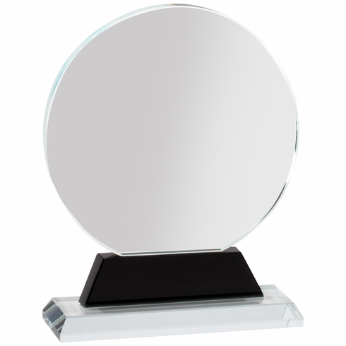 4-1/4 x 6-1/4 INCH ROUND OPTICAL CRYSTAL AWARD ON BLACK PEDESTAL