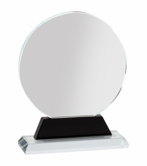 4-1/4 x 6-1/4 INCH ROUND OPTICAL CRYSTAL AWARD ON BLACK PEDESTAL