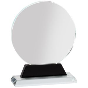 4-1/4 x 6-1/4 INCH ROUND OPTICAL CRYSTAL AWARD ON BLACK PEDESTAL