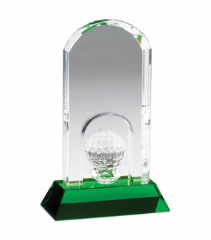 4-1/4" x 7" ARCHED GOLF TOWER OPTICAL CRYSTAL AWARD WITH GOLF BALL ON GREEN BASE