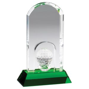 4-1/4" x 7" ARCHED GOLF TOWER OPTICAL CRYSTAL AWARD WITH GOLF BALL ON GREEN BASE