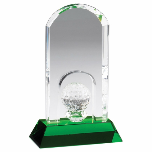 4-1/4" x 7" ARCHED GOLF TOWER OPTICAL CRYSTAL AWARD WITH GOLF BALL ON GREEN BASE