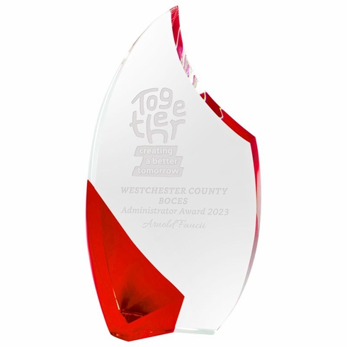 4-3/4 INCH OPTICAL CRYSTAL FLAME SHAPE AWARD WITH RED ACCENTS