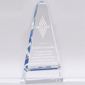 10 X 4-3/4 INCH OPTICAL CRYSTAL MONOLITH TOWER AWARD WITH BLUE ACCENTS