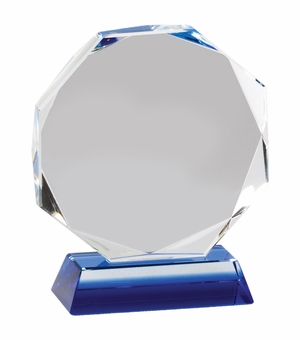 4-3/4 x 4 INCH OCTAGON OPTICAL CRYSTAL AWARD ON BLUE CRYSTAL BASE