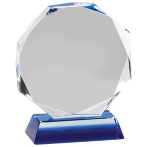 4-3/4 x 4 INCH OCTAGON OPTICAL CRYSTAL AWARD ON BLUE CRYSTAL BASE