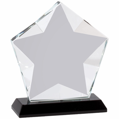 4-3/4 x 5-1/2 INCHES OPTICAL CRYSTAL FROSTED STAR AWARD ON A BLACK CRYSTAL BASE