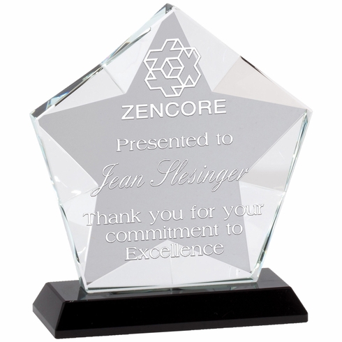 4-3/4 x 5-1/2 INCHES OPTICAL CRYSTAL FROSTED STAR AWARD ON A BLACK CRYSTAL BASE