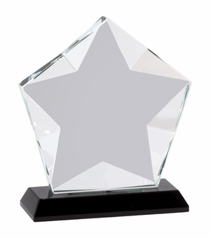 4-3/4 x 5-1/2 INCHES OPTICAL CRYSTAL FROSTED STAR AWARD ON A BLACK CRYSTAL BASE