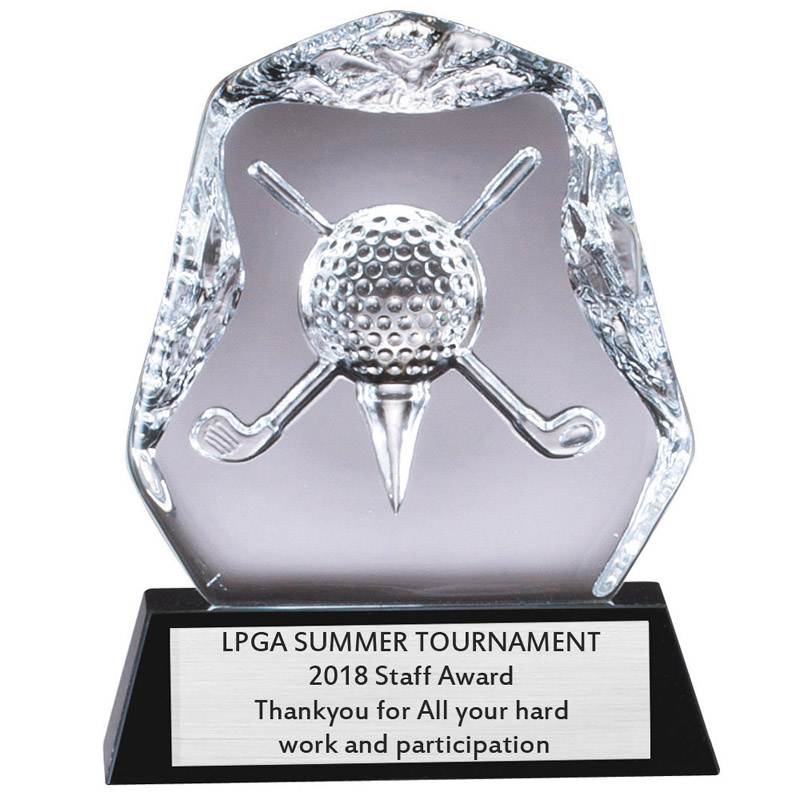 43/4 x 53/4 IN OPTICAL CRYSTAL GOLF AWARD DEEP ETCHED GOLF BALL CLUBS