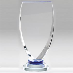 8-3/4 X 4-1/2 INCH OPTICAL CRYSTAL SHIELD AWARD WITH 3 RINGS BASE BLUE TINT