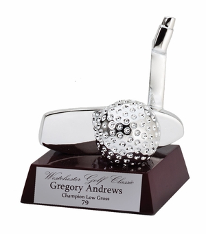 4" GOLF PUTTER WITH BALL ELECTROPLATED BRIGHT SILVER ON ROSEWOOD BASE