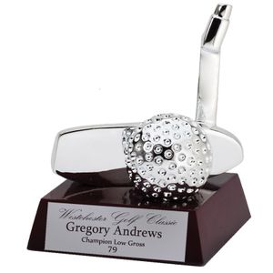 4" GOLF PUTTER WITH BALL ELECTROPLATED BRIGHT SILVER ON ROSEWOOD BASE