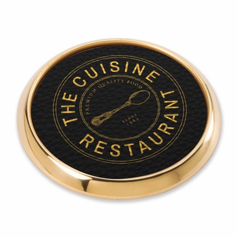 4 INCH GOLD METAL AND BLACK LEATHERETTE COASTER