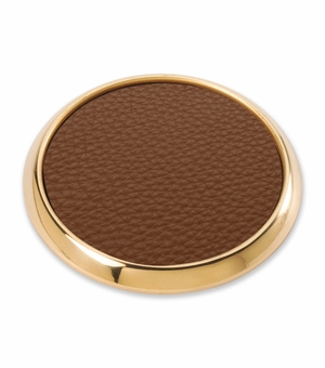 4 INCH GOLD METAL AND BROWN LEATHERETTE COASTER