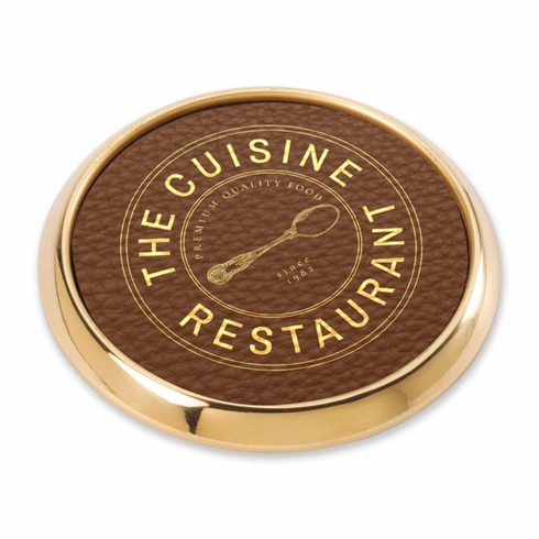 4 INCH GOLD METAL AND BROWN LEATHERETTE COASTER
