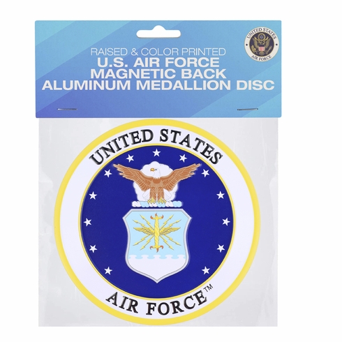 4 INCH ROUND RAISED AND COLOR PRINTED UNITED STATES AIR FORCE SHIELD EMBLEM ALUMINUM METAL MAGNETIC MEDALLION DECAL DISC-MAGNETIC BACK