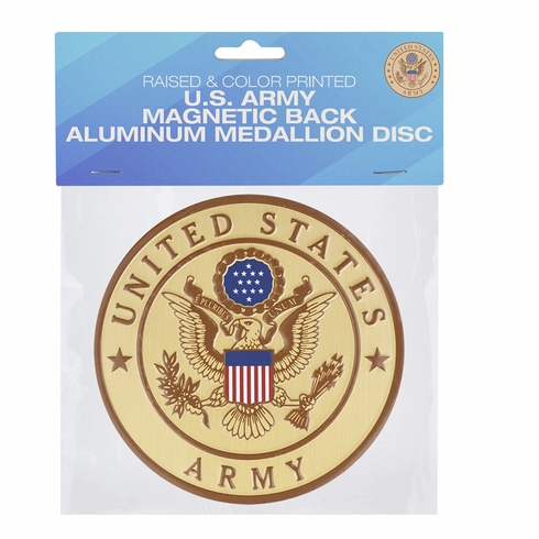 4 INCH ROUND RAISED AND COLOR PRINTED UNITED STATES ARMY SHIELD EMBLEM ALUMINUM METAL MAGNETIC MEDALLION DECAL DISC-MAGNETIC BACK