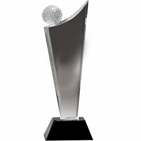 4 x 10-3/4 OPTICAL CRYSTAL GOLF TOWER WITH GOLF BALL ON BLACK BASE