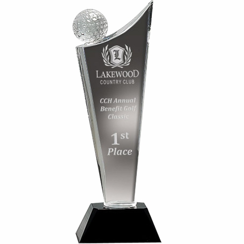 4 x 10-3/4 OPTICAL CRYSTAL GOLF TOWER WITH GOLF BALL ON BLACK BASE