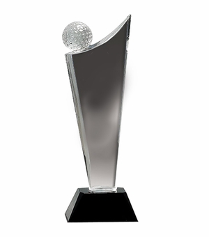 4 x 10-3/4 OPTICAL CRYSTAL GOLF TOWER WITH GOLF BALL ON BLACK BASE