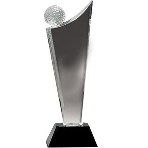 4 x 10-3/4 OPTICAL CRYSTAL GOLF TOWER WITH GOLF BALL ON BLACK BASE