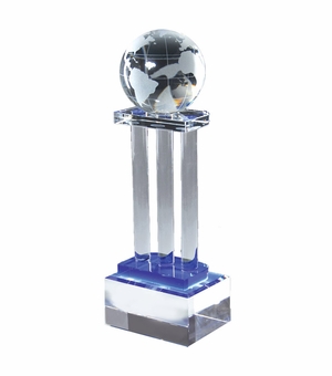 4 x 2-3/4 x 11-1/2 OPTICAL CRYSTAL GLOBE ON PILLAR WITH BLUE ACCENT