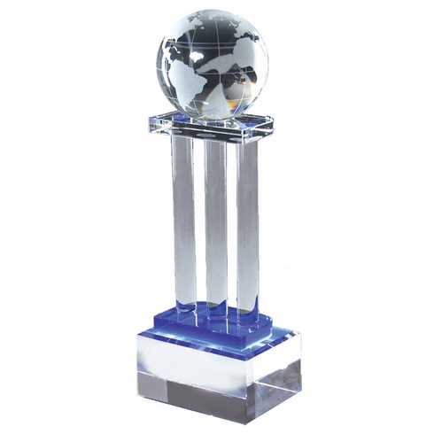 4 x 2-3/4 x 11-1/2 OPTICAL CRYSTAL GLOBE ON PILLAR WITH BLUE ACCENT