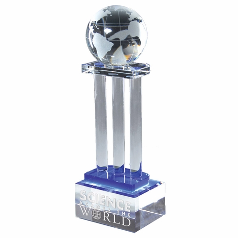 4 x 2-3/4 x 11-1/2 OPTICAL CRYSTAL GLOBE ON PILLAR WITH BLUE ACCENT