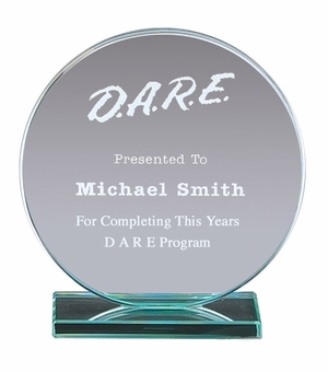 4" x 4-1/2" JADE GLASS CIRCLE AWARD ON BLUE OPTICAL GREEN BASE
