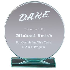 4" x 4-1/2" JADE GLASS CIRCLE AWARD ON BLUE OPTICAL GREEN BASE