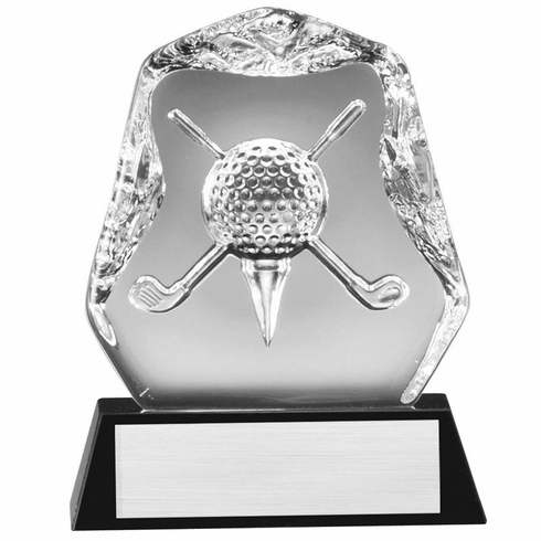 4 x 4-1/2 OPTICAL CRYSTAL GOLF AWARD DEEP ETCHED GOLF BALL AND CLUB