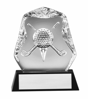 4 x 4-1/2 OPTICAL CRYSTAL GOLF AWARD DEEP ETCHED GOLF BALL AND CLUB