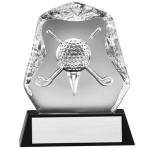 4 x 4-1/2 OPTICAL CRYSTAL GOLF AWARD DEEP ETCHED GOLF BALL AND CLUB