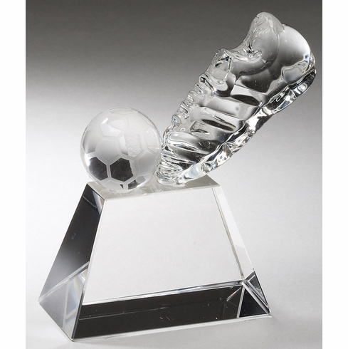 4" x 4" CRYSTAL SOCCER SHOE AND BALL ON CRYSTAL BASE