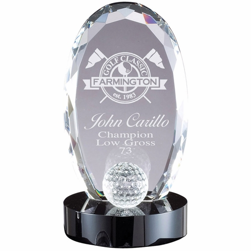 4 x 7-1/2 OPTICAL CRYSTAL OVAL GOLF AWARD GOLF BALL ON BLACK CRYSTAL BASE