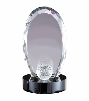 4 x 7-1/2 OPTICAL CRYSTAL OVAL GOLF AWARD GOLF BALL ON BLACK CRYSTAL BASE