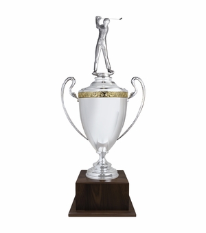 40 INCH HAND CRAFTED SILVER PLATED ITALIAN TROPHY CUP WITH MALE GOLF FIGURE ON WALNUT BASE