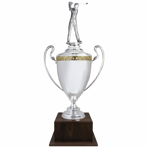40 INCH HAND CRAFTED SILVER PLATED ITALIAN TROPHY CUP WITH MALE GOLF FIGURE ON WALNUT BASE