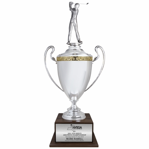 40 INCH HAND CRAFTED SILVER PLATED ITALIAN TROPHY CUP WITH MALE GOLF FIGURE ON WALNUT BASE