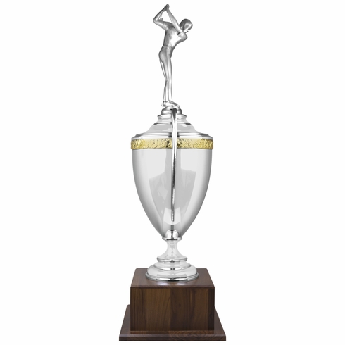 40 INCH HAND CRAFTED SILVER PLATED ITALIAN TROPHY CUP WITH MALE GOLF FIGURE ON WALNUT BASE