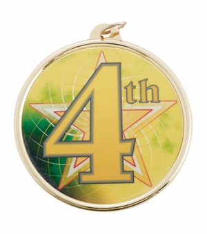2-1/4 Inch in Diameter Round 4th Place Mylar and Gold Medal with Customizable Back