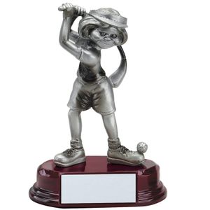 5-1/2 INCH COMIC FEMALE GOLF HIT AND SWING RESIN ANTIQUE PEWTER FINISH