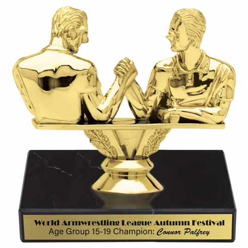 5-1/2 INCH ARM WRESTLING GOLD TROPHY ON BLACK MARBLE BASE
