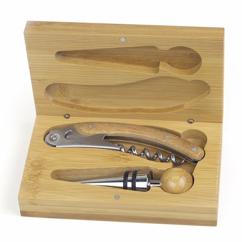 5-1/2 INCH BAMBOO WOOD TWO PIECE WINE TOOL KIT